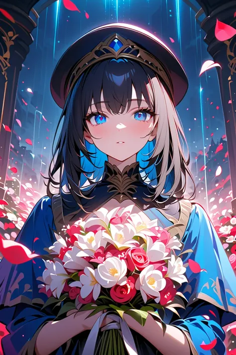 1boy,,face not visible,blue jacket,black hat,white bouquet,(standing,front,(black petals flying in profusion),Rain of petals,many petals,innumerable petals,petals floating in the air,Art Deco,Color Field painting,rococo style,chiaroscuro,cinematic lighting...