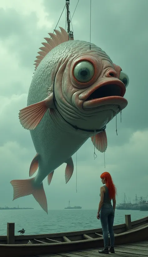 A surreal scene on a fishing boat where a massive, bizarre fish with bulging, human-like eyes and a shocked expression is hanging by a rope. Its wrinkled, leathery skin gives it a strange, otherworldly look. A woman with red hair in casual clothing stands ...