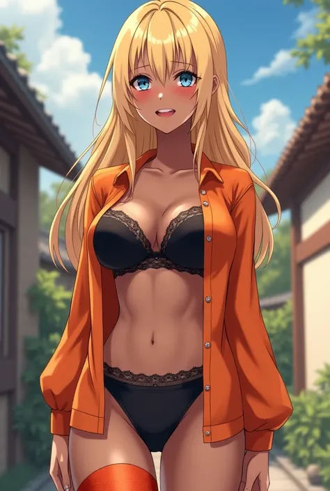 Nsfw, 1girl, (full body), solo, standing, sexy pose, ahegao, red face, blushing face, sweaty, (yamanba gyaru girl), [ganguro girl], shiny skin, (dark skinned female), [tanned skin], long blonde hair, hime cut, bangs, (hair up), huge breasts, big eyes, ligt...