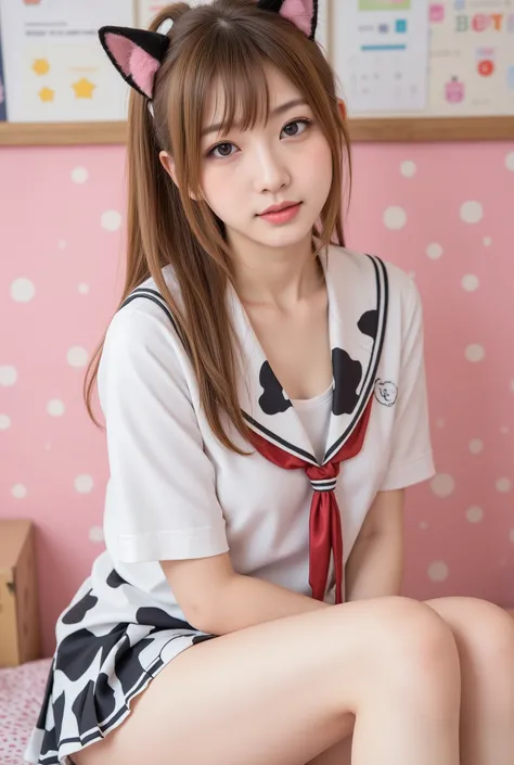 Masterpiece, 8k, Photorealistic, Raw photo, top-quality,Beautiful Japanese women ,
japanese high-school girl with light brown Ponytail hair and natural makeup, sitting and wearing a Cow pattern school uniform and Cat ears, with fluffy fur accents, PINK Co...