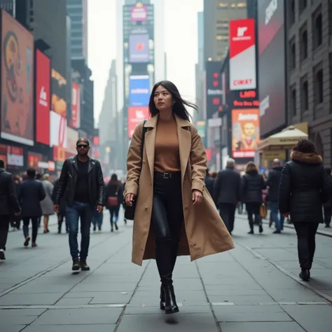 An Asian woman walking gracefully through the bustling streets of New York City.
Her confident stride reflects a modern and stylish demeanor, blending seamlessly with the urban environment.
Iconic New York skyscrapers and busy street life frame her path, e...