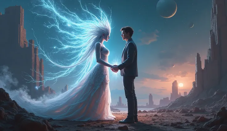 "An alien queen with glowing, ethereal skin and sharp, regal features stands beside a human man in a futuristic setting. They share a powerful, energy-charged connection, their hands glowing with intertwined energy. The background is a vast alien landscape...