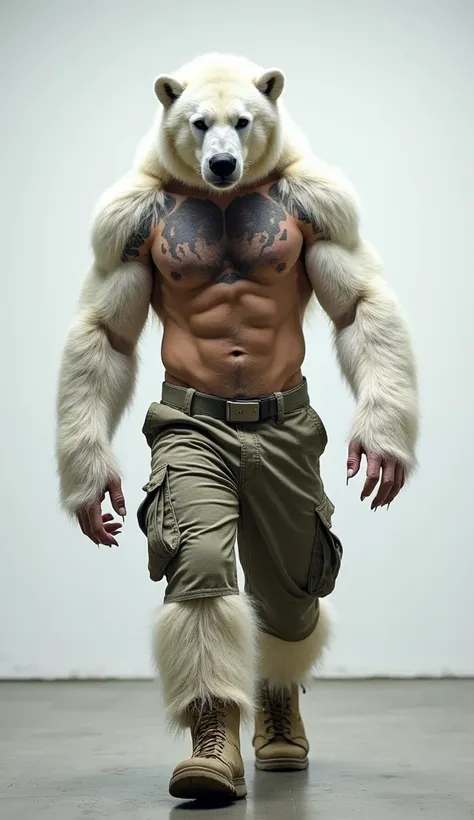 After transformation: The man has fully transformed into a hybrid animal, combining the muscular human physique with the majestic features of a white bear. His body is covered in thick, snowy white fur, with his tattoos still faintly visible across his che...