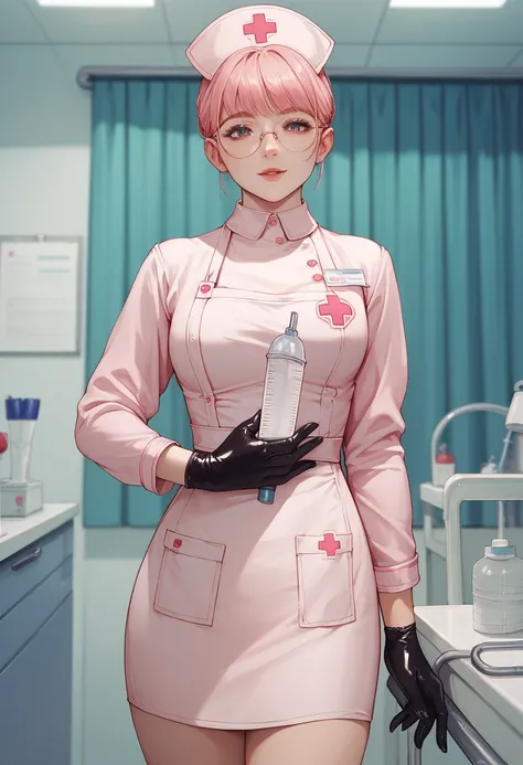 1girl, bangs, round glasses, ((black medical gloves)), ((((long sleeves)))), looking at viewer, ((pink nurse outfit)), standing, solo, rubber medical apron