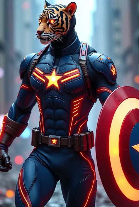 "A futuristic warrior hybrid of Captain America and a tiger, wearing a high-tech, armored suit with sleek metallic plating and glowing lines. The armor is predominantly red and blue, with intricate tiger stripe patterns etched into the fabric, giving it an...