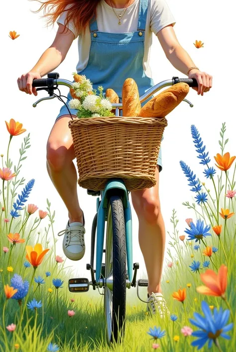        close-up from above , only one girls female legs ride on grass with wildflowers on a bike holding on to the wheel with a wicker bicycle basket, in the daisy basket, a bouquet of French baguette newspaper , traditional media  ,watercolor (medium),   ...