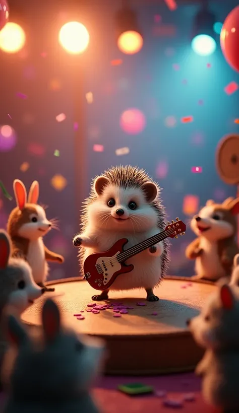 A small hedgehog holding a tiny guitar, sitting on a miniature stage with bright spotlights. The background features tiny concert decorations and an audience of tiny animals. The scene is lit like a concert, emphasizing the hedgehogs rock-star pose and joy...