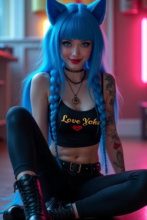 Jinx, beautiful blue hair, long braids, bangs, blue cat ears, blue cat tail, beautiful blue eyes, big eyes, bright eyes, juicy red lips, feisty smile, charming smile, black crop top with the words "Love Yoko" in gold, black leggings, black platform militar...