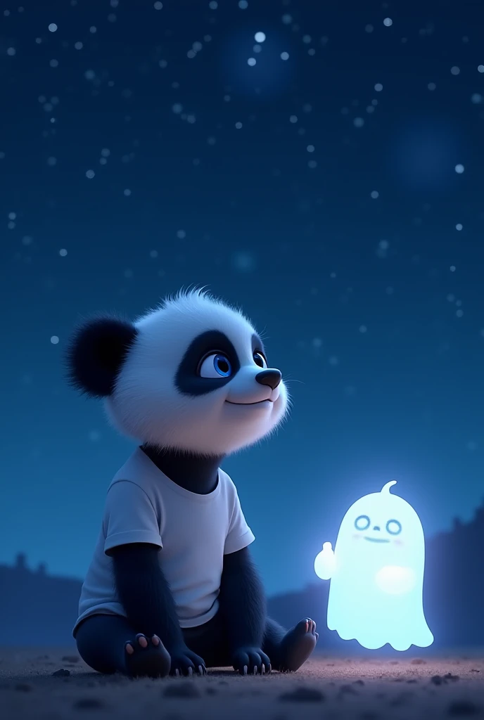 "A Pixar cartoon-style cute baby panda with blue eyes, wearing a white T-shirt and black shorts, sitting on the ground with paws resting on its lap, gazing in awe at the night sky filled with stars, while the ghost floats beside it, pointing upward with a ...