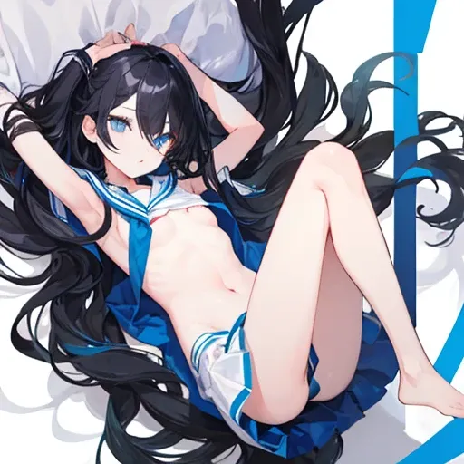 (( top quality)), ((  Masterpiece )), (  Details)
1Girl
(((BLACK long hair BLUE inner hair)))
blue eyes
Highlight off eyes
(((flat chest)))
Front cover
sailor uniform
slender、full BODY