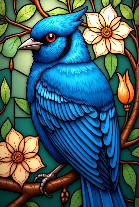   Close up of a bird sitting on a branch of a tree with flowers, Elaborate Painting by Pat Adams  ,  trending on pixabay , Art Nouveau,  stained glass art, maxim verehin  stained glass,  stained glass style, backlit  stained glass, masterpiece  stained gla...