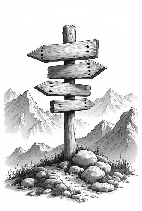 Create a black and white sketch with an Old School outline,  style, which depicts wooden signs , standing in the mountains .  Pointers should point to different points of height.  They should be surrounded by beautiful mountains and nature ,  sketch made i...