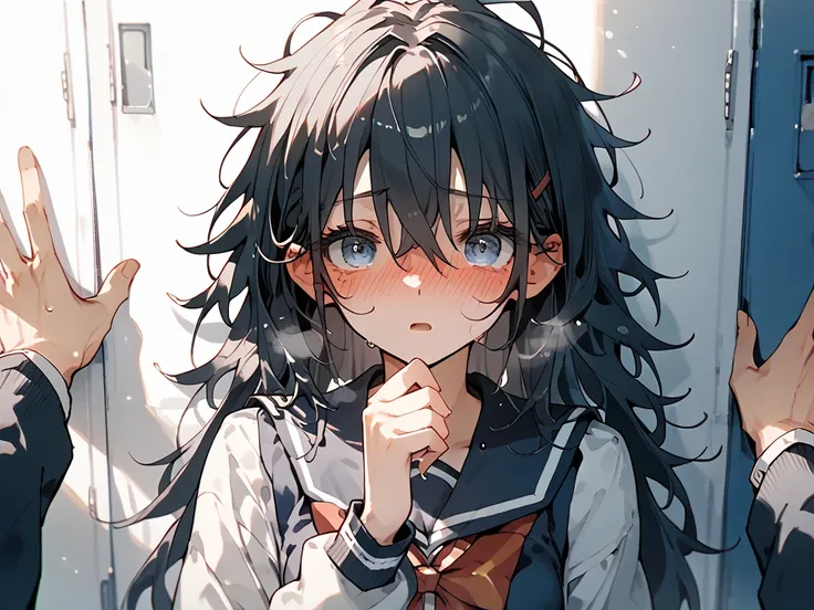 a black long haired, 1girl, petite woman, messy hair style, school uniform, shy, blushing, mouth open, looking at viewer, eyes wide open, heavy breathing, shanking effect, kabedon, pov hands, school locker.