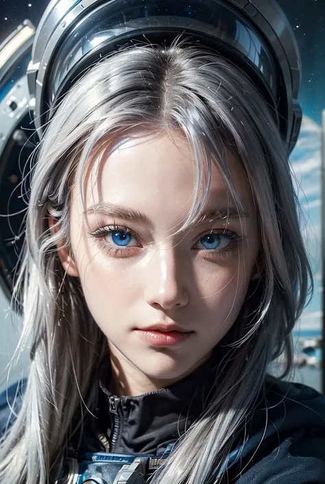 (Close-up of a better masterpiece:1.5)0.9], (Space and astronauts:1.2) (Messy silver hair:1.1) (Heterochromia xanthochromia and blue eyes:1.2) (Space Helmet:1.0) (Colored stars in the eyes:1.0) (A radiant glow:1.1) (thick lips:0.9)