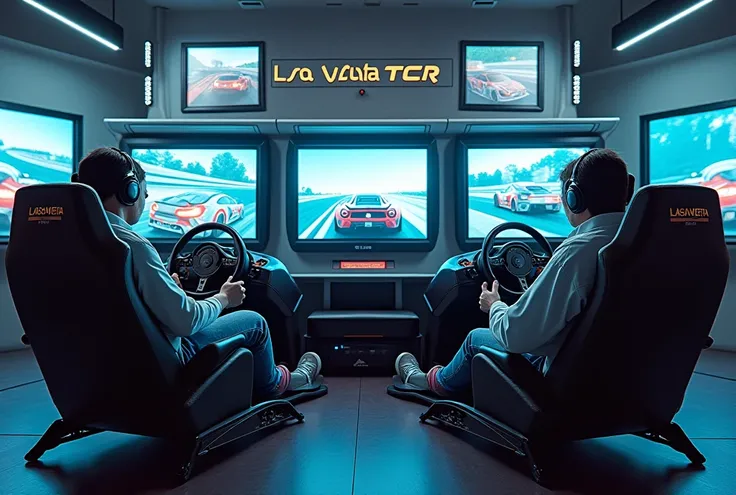  Drivers driving in front of screens with headphones, in armchairs,  without helmets, retro futurism style. in the screen LASA VESTA TCR racing. racing wheels. feet on pedals/