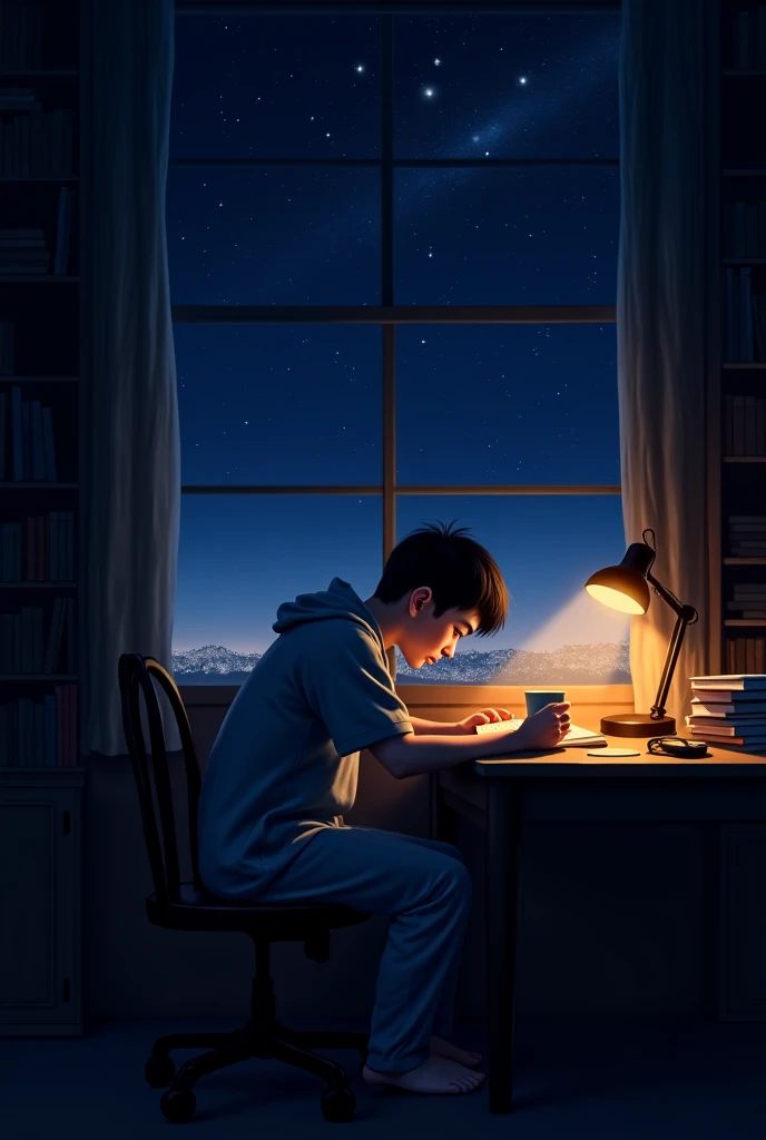 A picture of someone studying at night. 