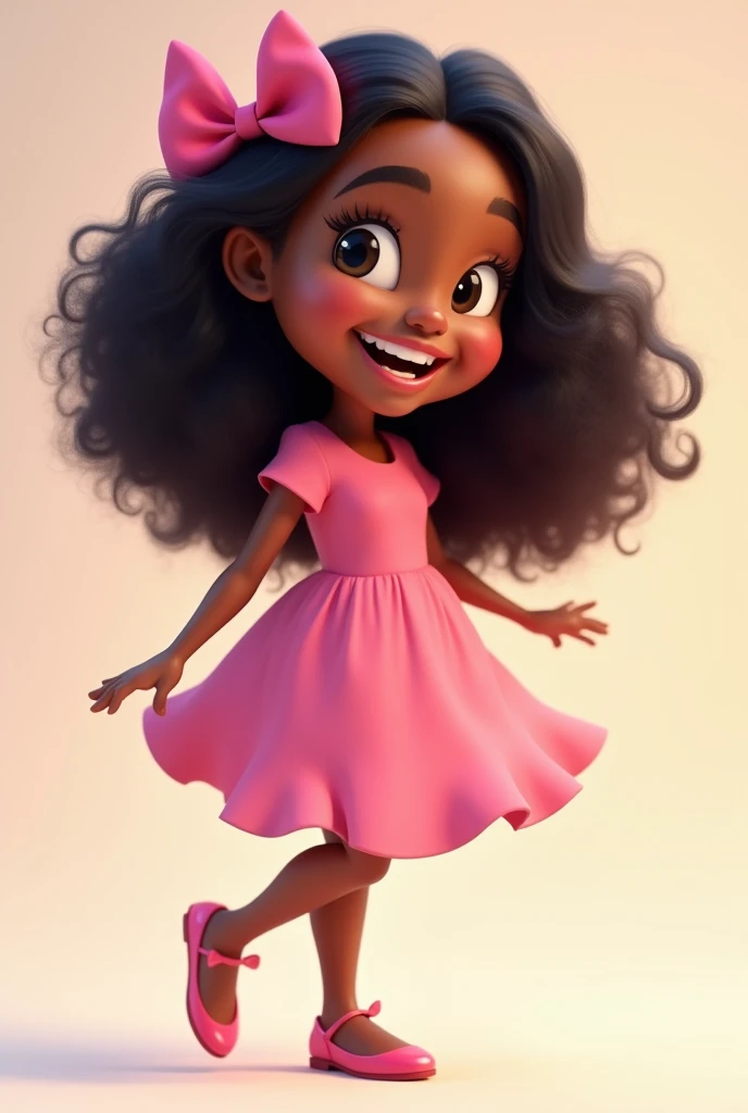  Smiley, dark-skinned, medium-peak hair, voluminous and slightly curly,   pink dress , pink shoe, pink bow in hair, disney pixar style