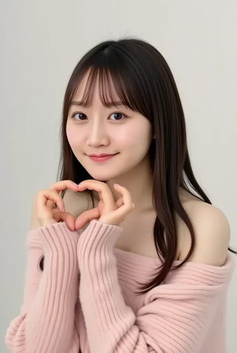 A woman with a cute smile is cute,  fluffy off-shoulder pajamas,  make a big heart with both hands , Hold it in front of your chest , View above the collarbone、  has a monotone background  

