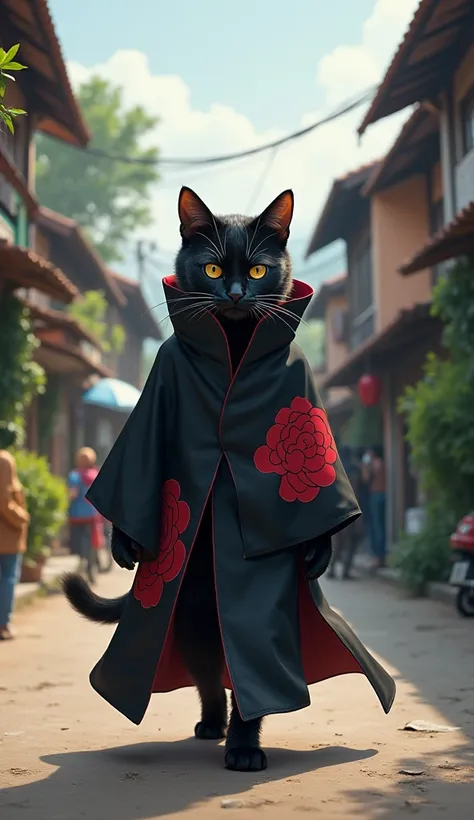 cat standing walking cosplay pain akatsuki,robe black akatsuki, background , rural street jakarta indonesia , daytime , indonesian house