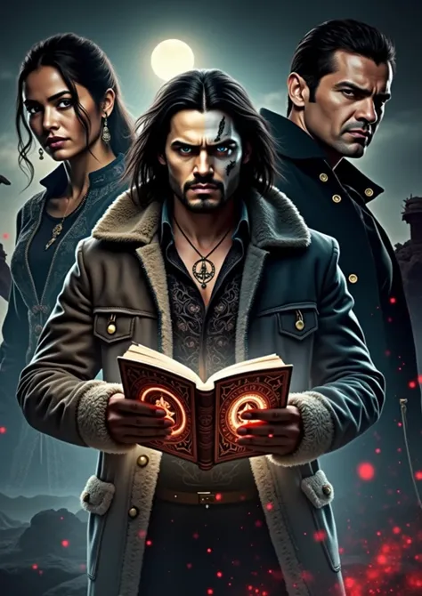 An action-thriller scene of a handsome Indian man, half-vampire (blue eyes, pale skin, vampire teeth), casting powerful magic from a glowing book while fighting dark shadowy figures. He wears a winter cardigan coat,  standing in a moonlit snowy landscape s...