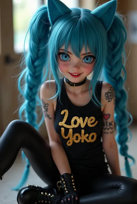 Jinx, beautiful blue hair, long braids, bangs, blue cat ears, blue cat tail, beautiful blue eyes, big eyes, bright eyes, luscious red lips, feisty smile, charming smile, black tank top with glitter inscription "Love Yoko" ” in gold, black leggings, black p...