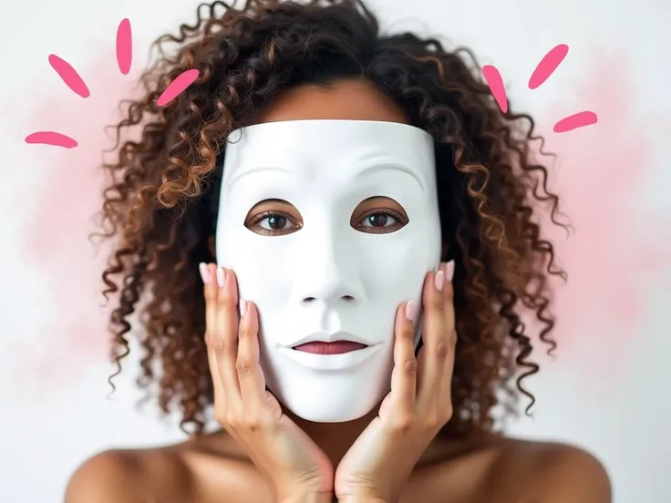 This image features a woman with curly hair holding an expressionless white mask in front of her face. The woman appears to be peeking out from behind the mask with a calm yet meaningful expression. Additional elements, such as the pink illustration marks ...