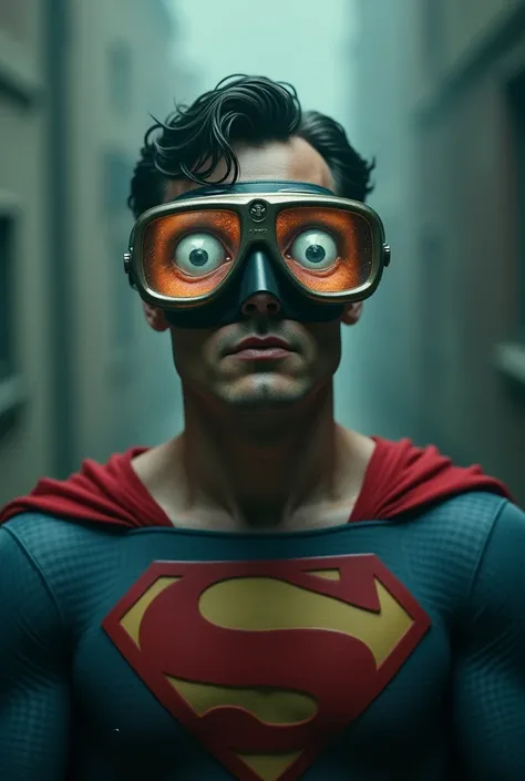  Super man is wearing diving goggles ,His eyes can be seen outside the sockets and are floating inside the glasses,in a gloomy environment .