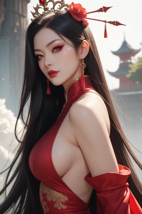 red eyes, long hair, black hair, queen, villainess, sexy, big boob, female, beautiful,asian