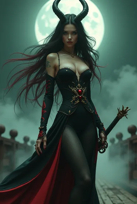 "A powerful and elegant succubus queen with long, flowing dark hair tinged with crimson highlights, glowing emerald eyes, and gracefully curved horns adorned with golden accents. She has a regal yet dangerous allure, her tall and statuesque figure dressed ...