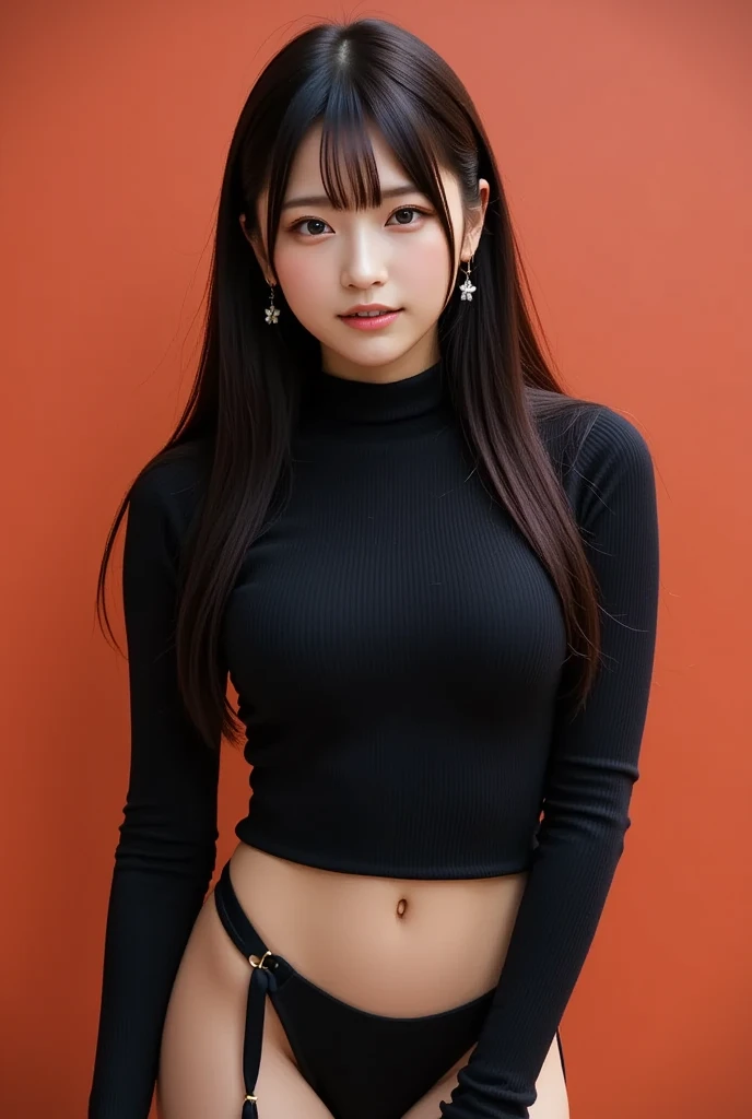 8k,   RAW photo ,  top quality , masterpiece:1.2),(  realistic  ,  Photo realistic  :1.37),   super detailed  , She is wearing a black long sleeve turtleneck outfit , No pants,   skirts are prohibited  ,   transparent black pantyhose ,   Cinematic Writing ...