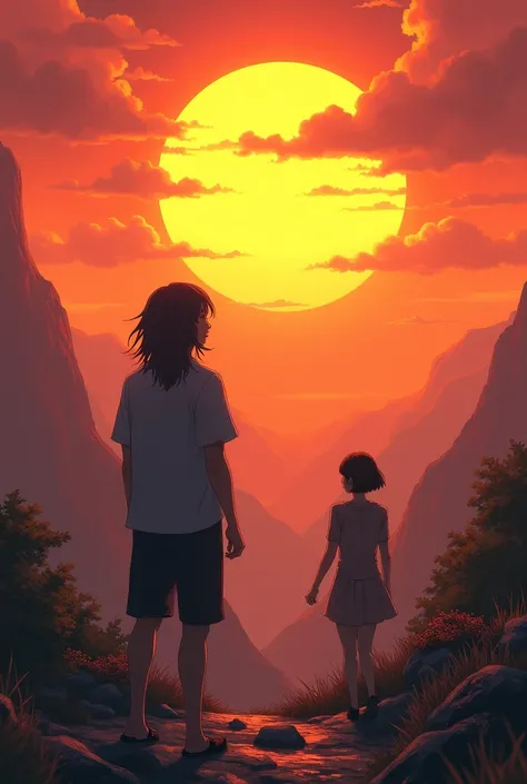  and a young man with long hair staring at that sun with fiery eyes on the fiery, strong sun 、The surrounding area is a beautiful mountain 々Then a young woman with a short bob hairstyle walks in from the front