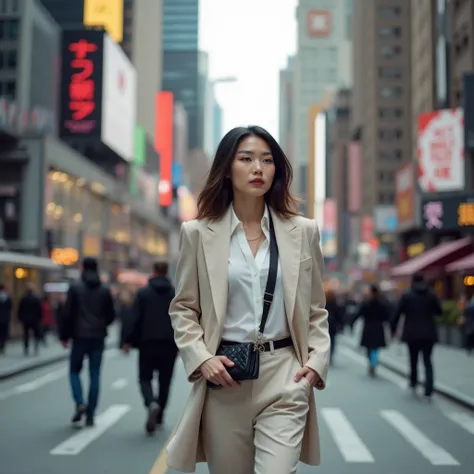 An Asian woman walking gracefully through the bustling streets of New York City.
Her confident stride reflects a modern and stylish demeanor, blending seamlessly with the urban environment.
Iconic New York skyscrapers and busy street life frame her path, e...