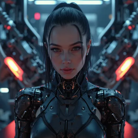 girl with 6 cybernetic implant arms, beautiful detailed eyes, beautiful detailed lips, extremely detailed face, long eyelashes, futuristic dress, intricate cyberpunk details, intricate mechanical parts, glowing neon colors, dramatic lighting, cinematic com...