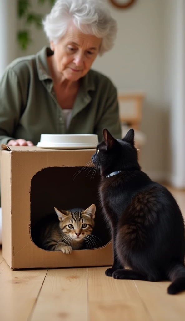  A black tomcat sits protectively near a kitten under a cardboard box as an elderly woman places a bowl of food and water nearby. The cat cautiously sniffs the food before letting the kitten approach.

