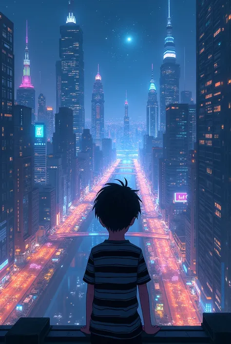 image of a boy wearing a black and white striped t-shirt on his back looking at the futuristic city at night with an anime aesthetic