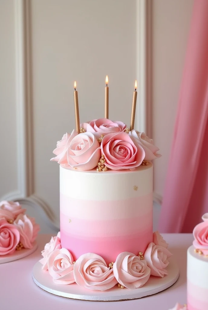 Make me a 30cm wide single-tier birthday cake with pink and white on the cake to celebrate the middle birthday cake is placed on the table background behind the cake is a simple decorative wall