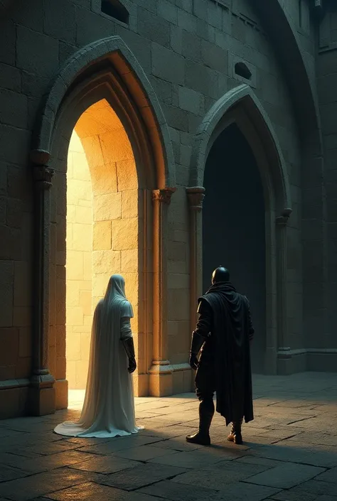 "Imagine a scene where a person is standing in front of two large, contrasting doors in a mysterious medieval-style room. One door appears inviting and glowing, symbolizing safety, while the other looks dark and ominous, representing doom. Two guards stand...