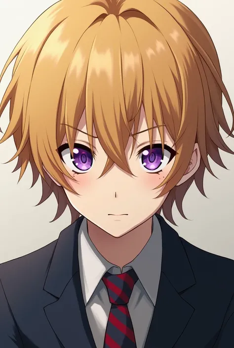 Asano Gakushu from assassination classroom. He has strawberry blonde hair that reaches his ears and violet eyes.