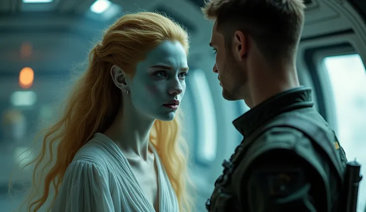 Create a HD image in which there is an Alien woman of pale blue color having tears in her eyes wearing white simple dress and having golden massy hairs standing in front of a human man soldier in spaceship 