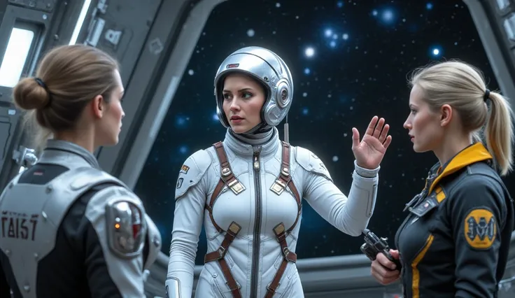 A beautiful russian astornut and some scientists are talking in a space station,  hyper realistic 