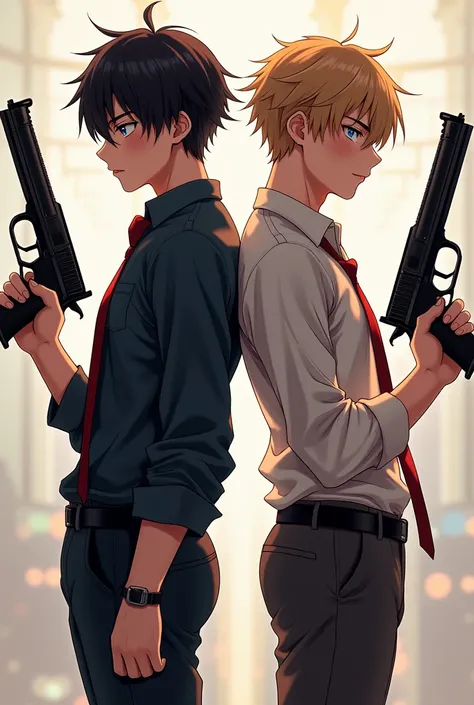 Two anime boys holding guns in their hand they    are 23 year old approx  standing with each other touching their back and they look like close friends with each other.