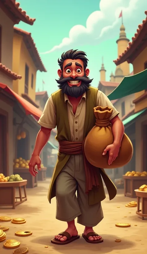 The selfish man arriving to reclaim the coins:
The man, with a greedy look on his face, approaches holding a large pouch. His eyes glimmer with greed, while a bustling village market is visible behind him. All images cartoon type.