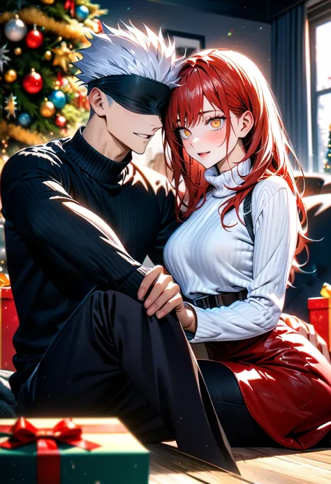 absurd, high-resolution, ultra-detailed, ultra-detailed eyes, HDR, masterpiece, 8k, couple, 1 man, handsome, Gojou Satoru, white hair, wearing a black sweater and black pants, black blindfolded, Jujutsu Kaisen, with girlfriend, 1 girl, long red hair, red h...