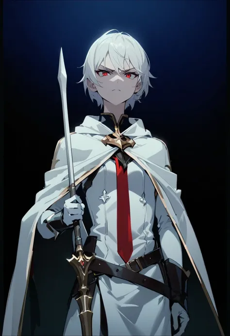 Tomboy, short white hair, fair skin, red eyes, white knight attire, serious face, high resolution, high quality, dark environment, dark background, full body, holding a spear, wearing a white gloves. 