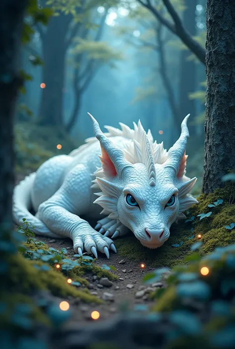 tarot card aesthetic, masterpiece, perfect quality, sharp focus, shallow depth of field, 8k, big white dragon with blue eyes, sleeping in the middle of a forest, storybook aesthetic, fantasy vibe, magical