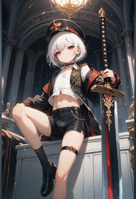 ((최고의 품질)), ((걸작)), (상세한), 완벽한 얼굴, SOLO, 1 BOY, SHOTA, ANIME, beautiful detailed eyes, BOB hair, white hair, red EYES, BARE thighs, (((BARE LEG))), ((BLACK short pants)), (((dress shirt))), ((MID DRIFF)), Flat chest, Choker, expressionless, (Thigh strap), ...