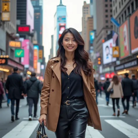 An Asian woman walking gracefully through the bustling streets of New York City. he is happy
Her confident stride reflects a modern and stylish demeanor, blending seamlessly with the urban environment.
Iconic New York skyscrapers and busy street life frame...