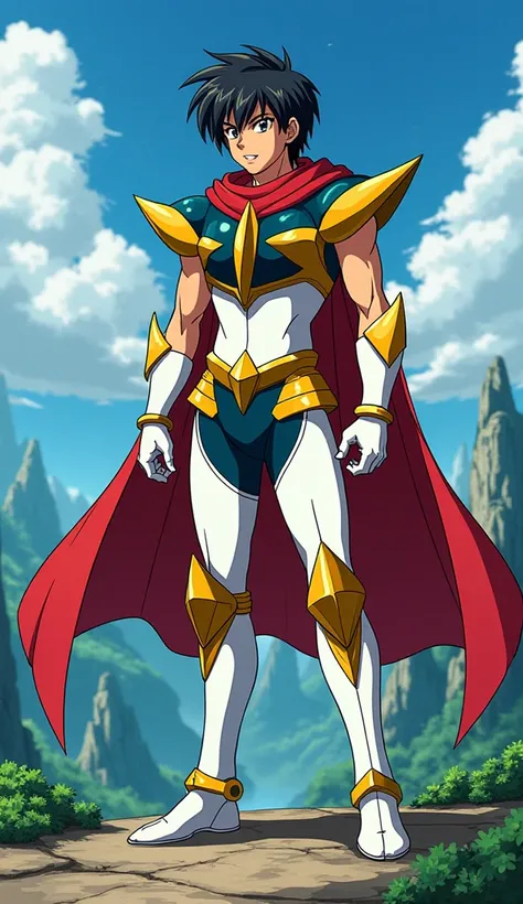 Imagine a male character from the Saint Seiya cartoon, with armor and clothing that are in the colors of the flag and elements inspired by the country of Saint Lucia. The characters appearance should be in accordance with the natives of the country and the...