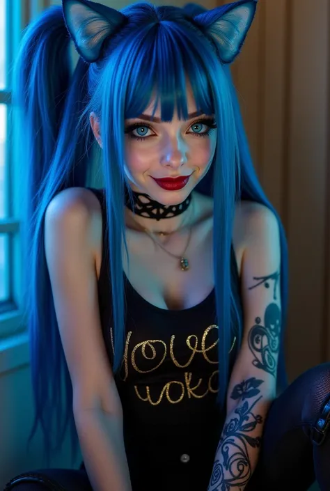 Jinx, beautiful blue hair, long braids, bangs, blue cat ears, blue cat tail, beautiful blue eyes, big eyes, bright eyes, Yoko tattoo under the eye, juicy red lips, feisty smile, charming smile, black sexy tank top with glitter "Love Yoko" inscription in go...