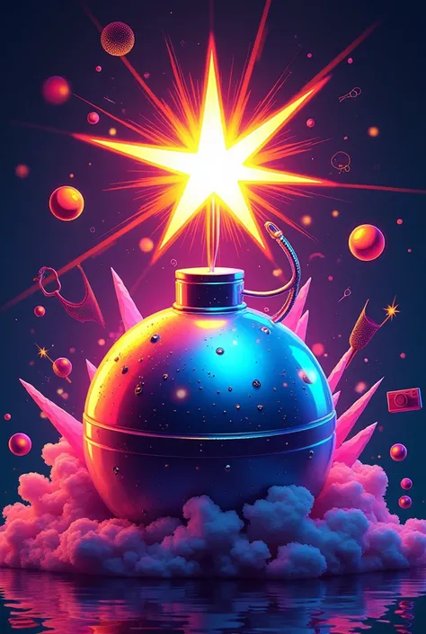 A 3D holographic vinyl-style illustration of a bomb about to explode, with a glowing star at the tip of its fuse. The bomb is detailed with a reflective and iridescent texture, showcasing rainbow-like colors that shift with the light. The background featur...